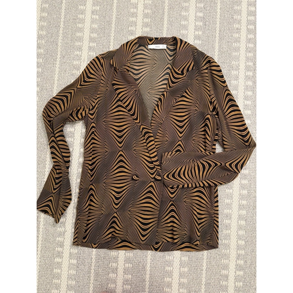 MANGO 4 S Top Jacket Brown Black Psychedelic Print Button Front V Neck EUC